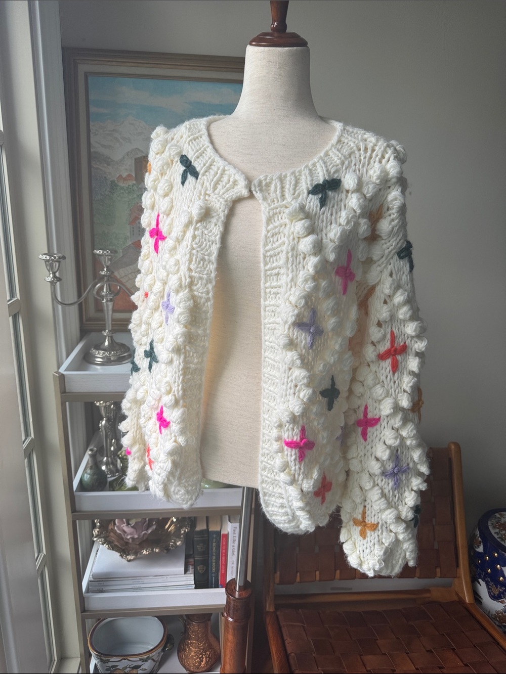 Anthropologie Cream Crochet Cardigan with Pink, Purple & Orange Cross Details